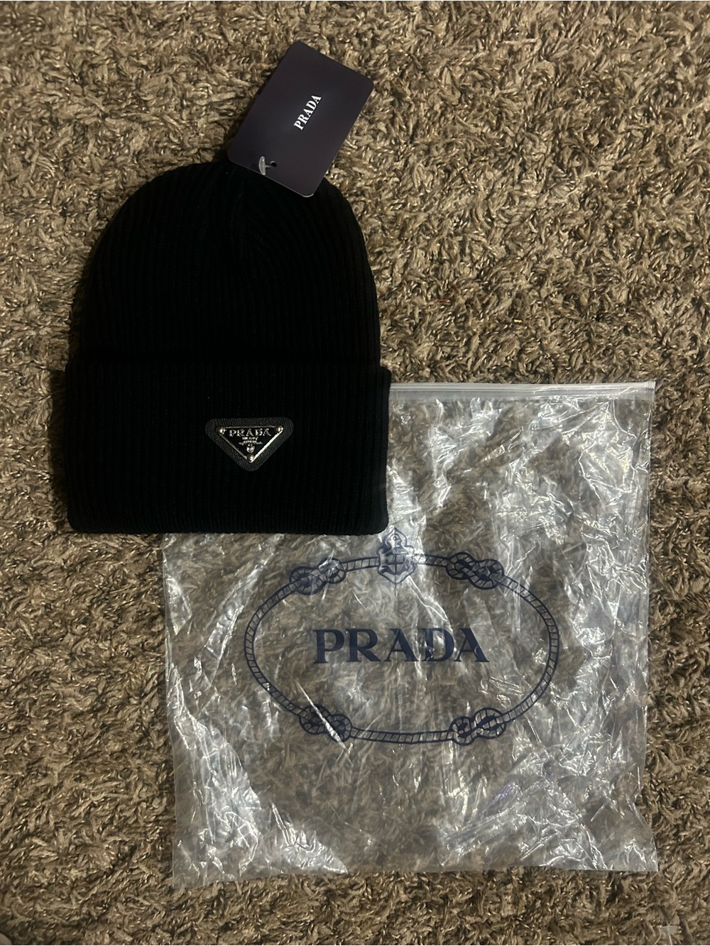 Prada Black Ribbed Knit Beanie with Triangle Logo
